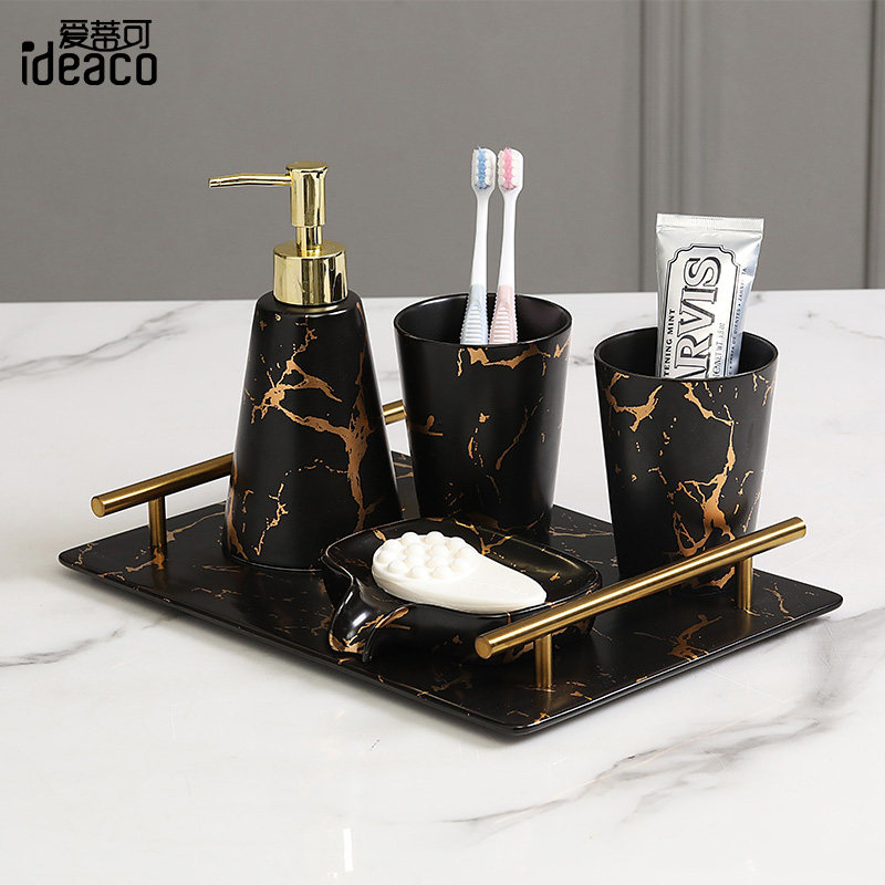 北歐黑金大理石紋陶瓷衛浴五件套創意牙刷漱口杯結婚禮物洗漱套裝在類目 家庭/個人清潔工具, 衛浴用具/衛浴配件, 浴室用品套件中 - 來自Buy2taobao.com提供專業的淘寶代購服務