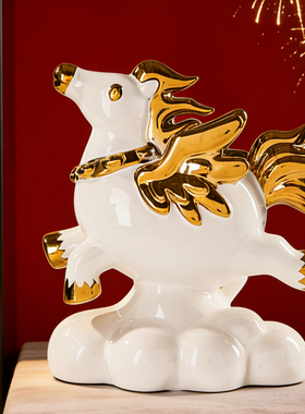 2026马年马上有钱金色陶瓷摆件