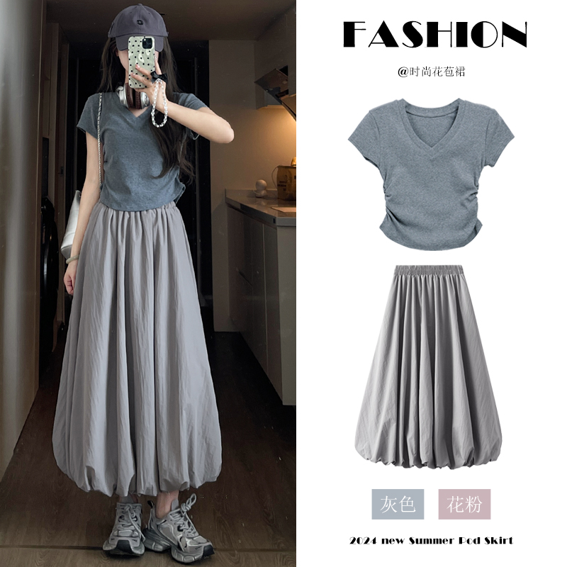 灰色花苞裙女夏季2025新款小个子