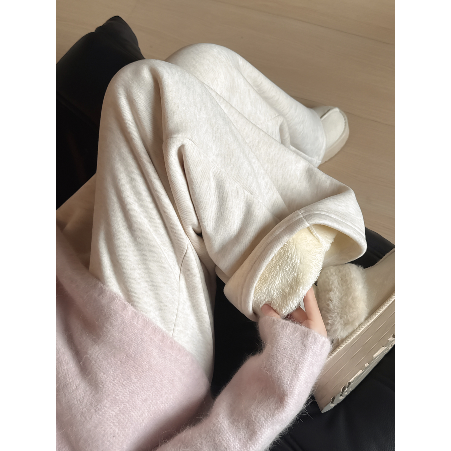 白色裤子冬加厚2025年新款羊羔绒