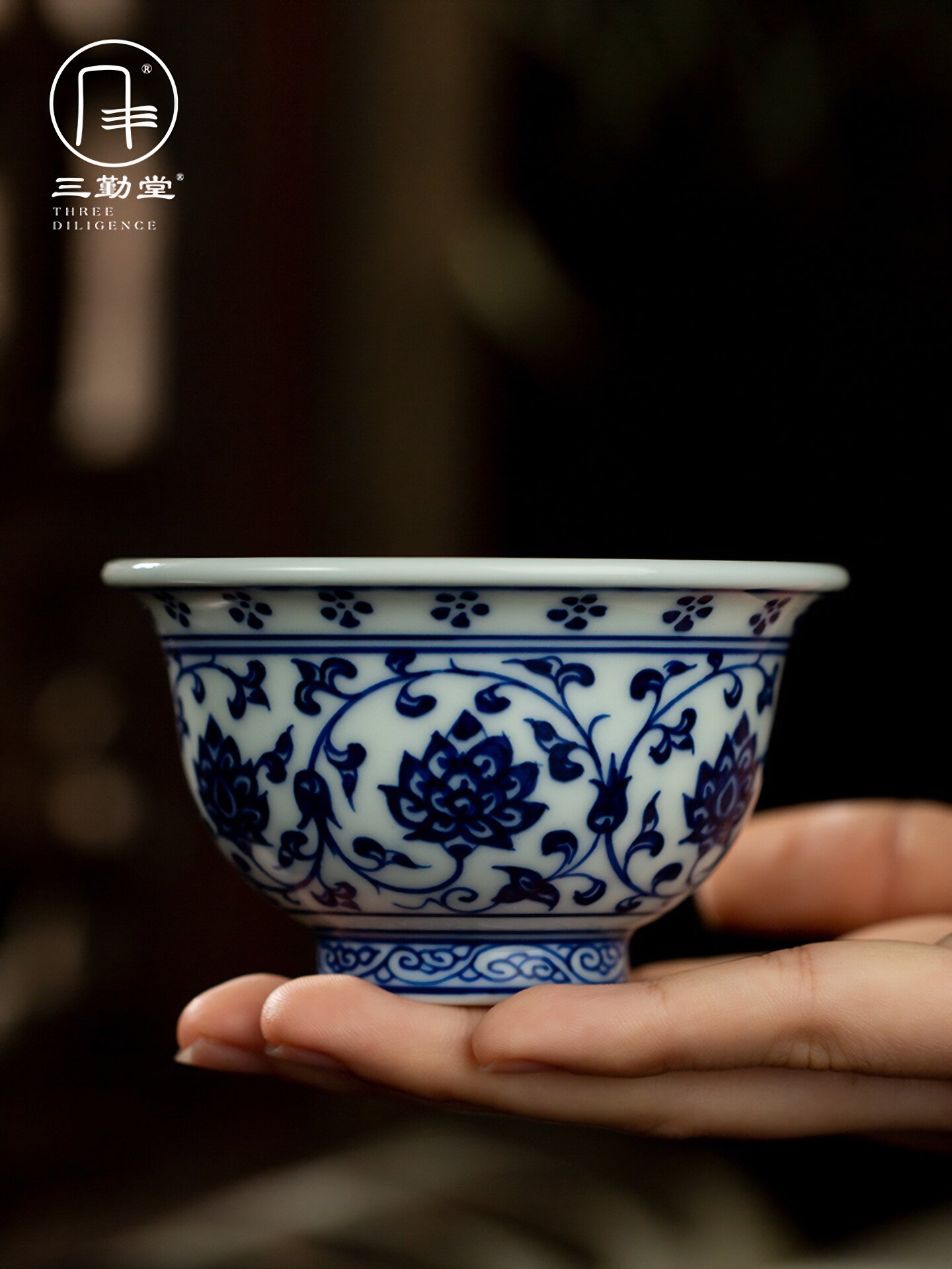 三秦堂大师杯景德镇内画手绘青花莲瓷茶具压手杯单杯大尺寸