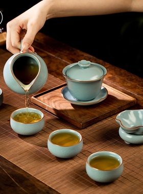 三勤堂汝窑高档功夫茶具套装家用茶壶泡茶景德镇陶瓷茶杯办公会客