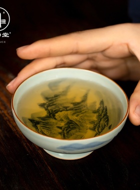 三勤堂景德镇陶瓷主人杯功夫茶杯手工手绘山水斗笠杯普洱茶单杯