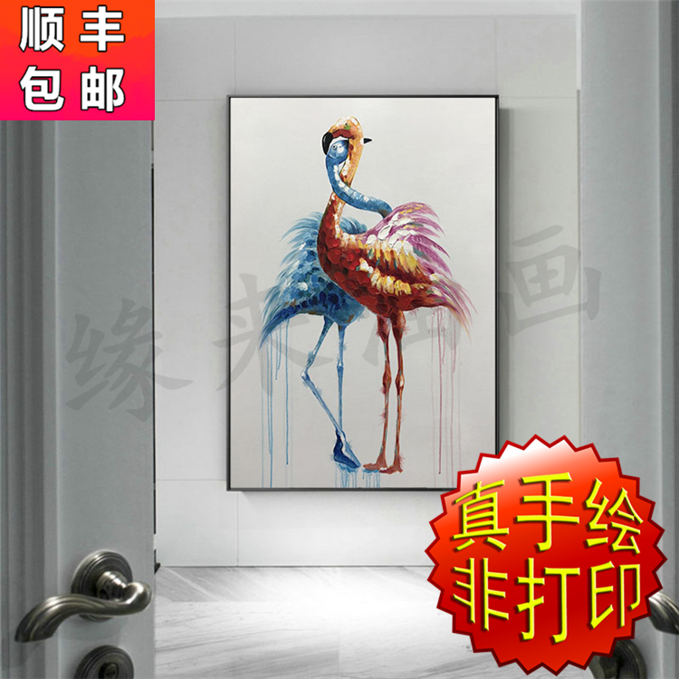 纯手绘油画动物挂画立体简约爱情侣双火烈鸟书房办公室卧室装饰挂图片