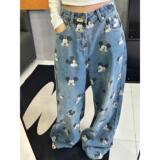 原创自制垂感四季卡通老鼠头印花牛仔宽松阔腿弯刀长裤男NB38P55，男装牛仔裤，电商D256-2(原A064-2)