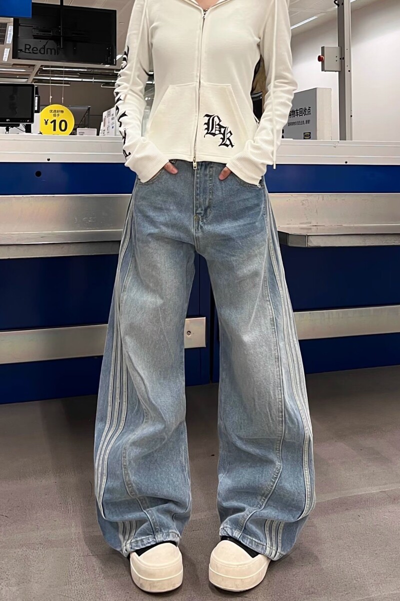 宽松解构弯刀牛仔裤2025新款街头拼接条纹阔腿裤NB242P55,男装牛仔裤,电商D256-2(原A064-2)