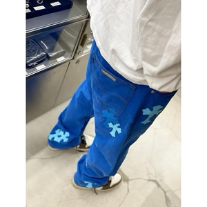 潮牌拼皮刺绣美式复古蓝色牛仔裤高街宽松显瘦窄版直筒裤SR07 P55图片