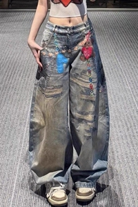 美式复古链条破洞3D印花阔腿牛仔裤垂感拖地裤子炸街Q56 P75,女装休闲裤,电商D256-2(原A064-2)