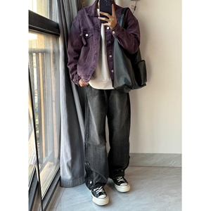 紫色牛仔外套日系潮牌复古翻领工装夹克宽松大码休闲上衣SK26 P65图片