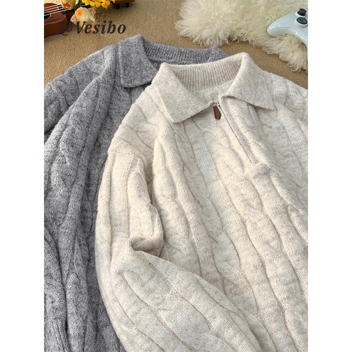 Polo翻领麻花针织衫男秋冬慵懒风宽松情侣百搭纯色毛衣NB303P55，男装针织衫/毛衣，电商D256-2(原A064-2)