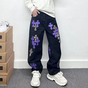 高街水洗十字架拼皮梵文印花牛仔裤做旧破坏直筒长裤KJ04 P60图片