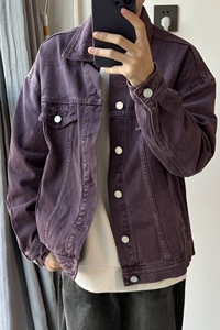 紫色牛仔外套日系潮牌复古翻领工装夹克宽松大码休闲上衣SK26 P65图片