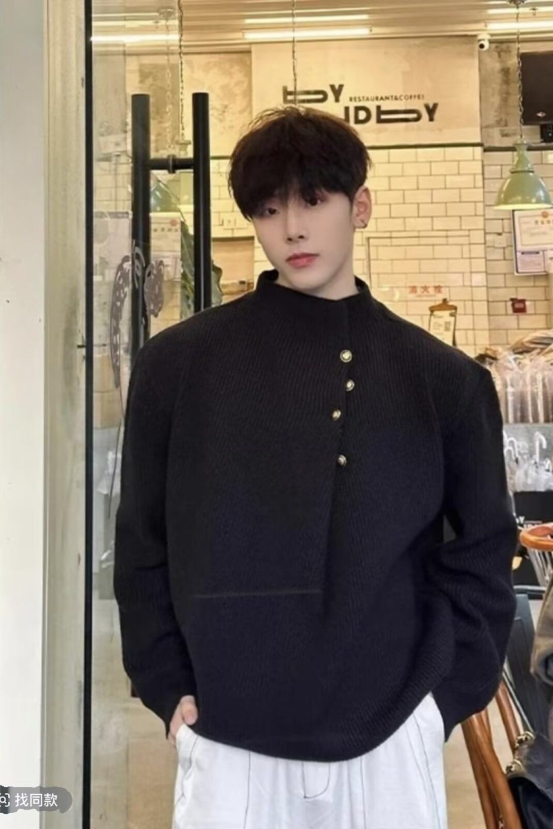 新中式男装铜扣半高领毛衣男秋冬韩系慵懒高级感cleanfit针织外套，男装针织衫/毛衣，电商D256-2(原A064-2)