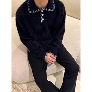 马海毛毛衣美式复古休闲慵懒风POLO领针织衫男纯色外套ZZS185 p65图片