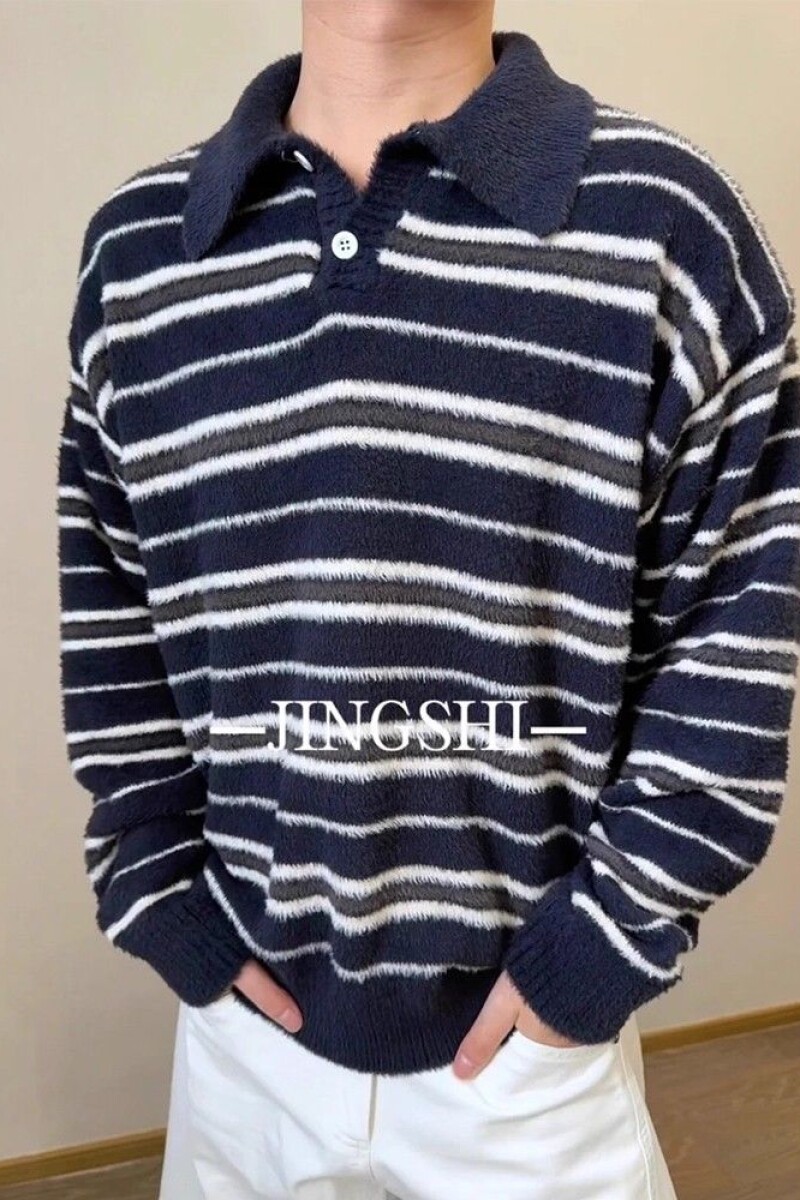 藏青条纹polo衫毛衣美式复古宽松休闲上衣针织衫外套NB315p70,男装针织衫/毛衣,电商D256-2(原A064-2)