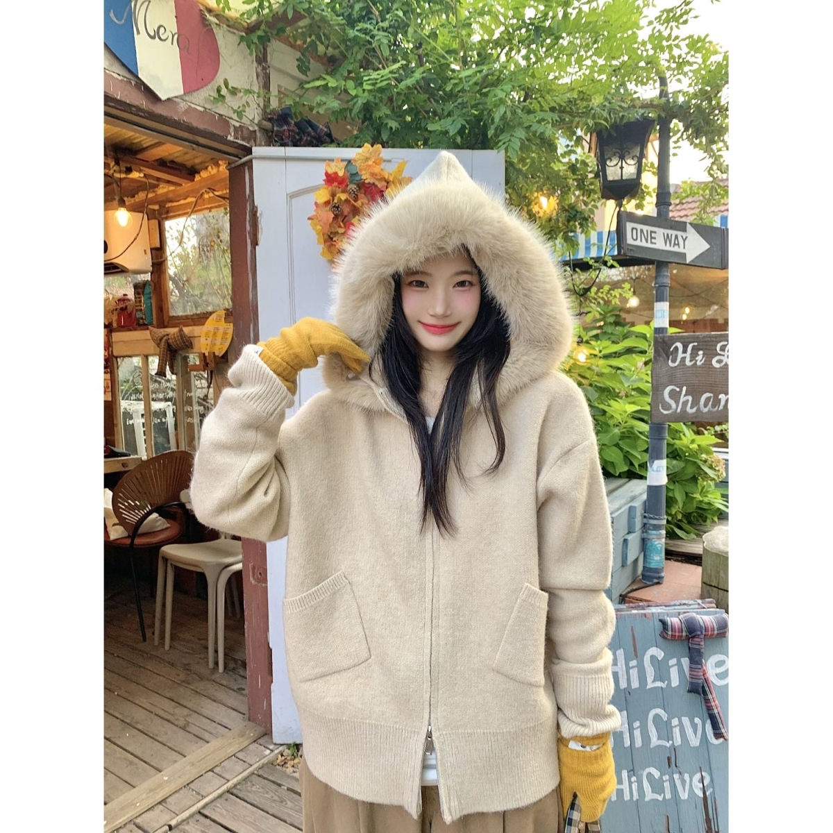 宽松连帽针织衫秋冬软糯慵懒感开衫巨好看毛领上衣外套NB305P75，男装针织衫/毛衣，电商D256-2(原A064-2)