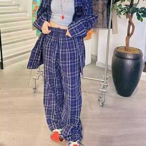 灰色冰丝凉感格子裤男松弛感慵懒裤子cleanfit直筒微喇裤N232 P35图片