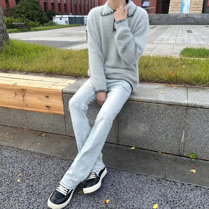 马海毛毛衣美式复古休闲慵懒风POLO领针织衫男纯色外套ZZS185p65,男装针织衫/毛衣,电商D256-2(原A064-2)