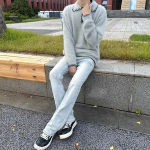 马海毛毛衣美式复古休闲慵懒风POLO领针织衫男纯色外套ZZS185 p65图片