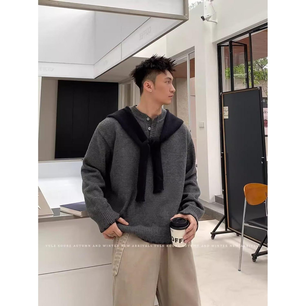 秋冬开衫毛衣美式复古休闲慵懒风V领针织衫男纯色外套NB174P65，男装针织衫/毛衣，电商D256-2(原A064-2)