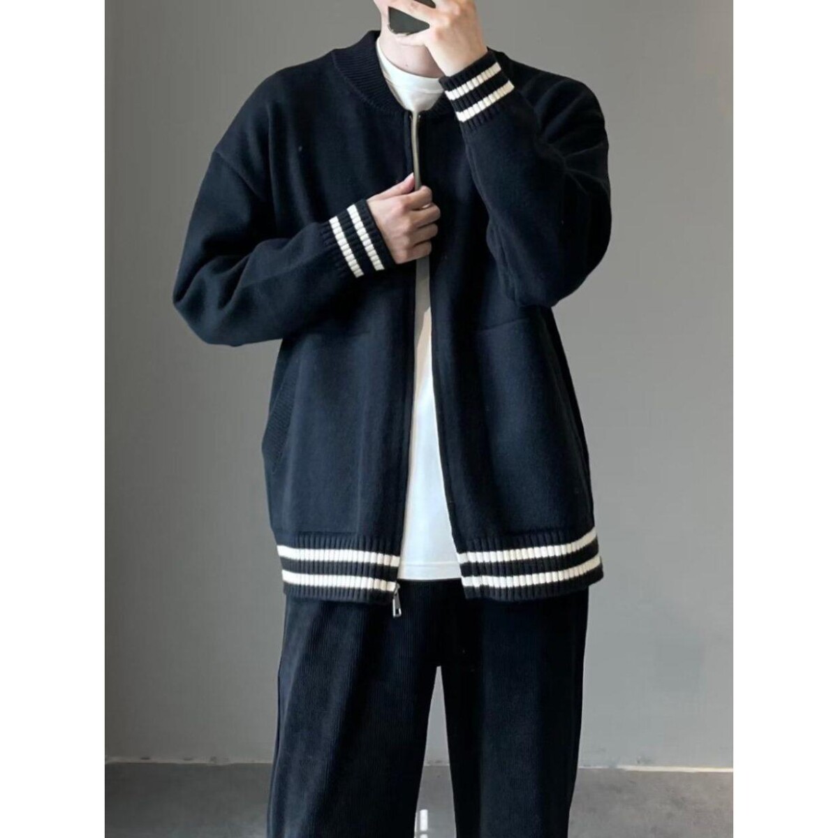 秋新款慵懒风棒球领针织开衫宽松百搭拉链休闲长袖毛衣NB220P65,男装针织衫/毛衣,电商D256-2(原A064-2)