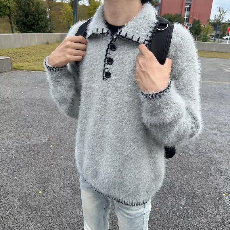 马海毛毛衣美式复古休闲慵懒风POLO领针织衫男纯色外套ZZS185p65，男装针织衫/毛衣，电商D256-2(原A064-2)