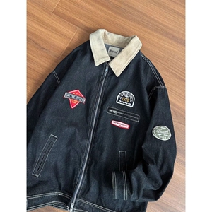 美式复古绣标短裤翻领夹克男女春季潮牌情侣百搭休闲外套NB85 P75图片
