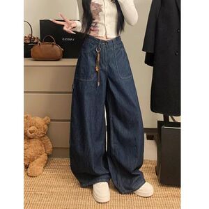 美式藏蓝色条纹弯刀牛仔裤口袋休闲宽松工装直筒长裤NB327 p50图片