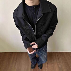 美式潮男秋季高密刺绣雕花西部poshfit感短款夹克外套男WD04 P65图片