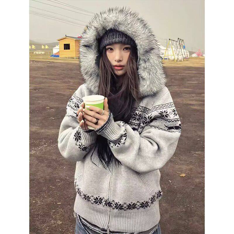毛衣开衫休闲雪花图案拉链外套加厚费尔岛毛领针织线衫NB379P70,男装针织衫/毛衣,电商D256-2(原A064-2)