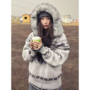 毛衣开衫休闲雪花图案拉链外套加厚费尔岛毛领针织线衫NB379 P70图片