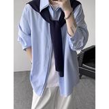 可拆卸披肩褶皱肌理感条纹衬衫美式潮牌百搭休闲痞帅NB90P75，男装衬衫，电商D256-2(原A064-2)