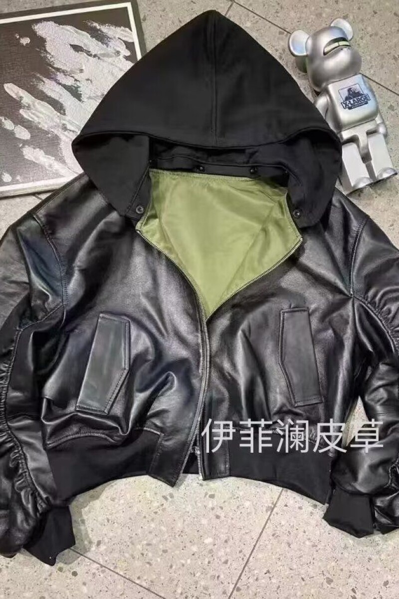 皮衣bomber双层假两件连帽外套飞行员夹克皮质棉服ma1潮NB52P90,男装皮衣,电商D256-2(原A064-2)