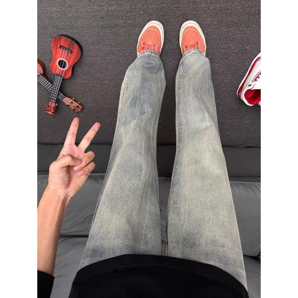 复古蓝闪电纹牛仔裤男秋季美式高街vibe裤子提档显腿长直筒微喇裤,男装牛仔裤,电商D256-2(原A064-2)