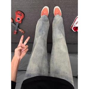 复古蓝闪电纹牛仔裤男秋季美式高街vibe裤子提档显腿长直筒微喇裤
