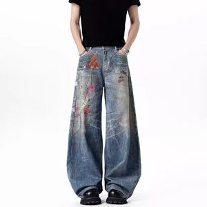 链条涂鸦彩绘直筒牛仔裤 夏设计感阔腿拖地裤子Q45P60图片
