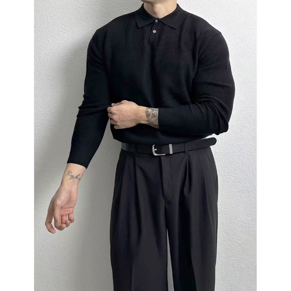 纯色V领针织POLO衫美式复古马球翻领T恤男士毛衣B155P50,男装T恤,电商D256-2(原A064-2)