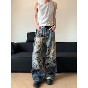 美式街头水洗做旧破洞牛仔裤直筒宽松欧美高街vibe风长裤Q33 P55图片