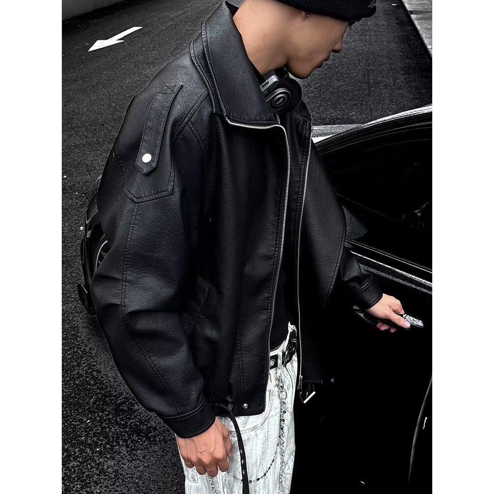PU皮衣黑色机车夹克男款高街痞帅大学生潮流外套nb150 p75，男装夹克，电商D256-2(原A064-2)