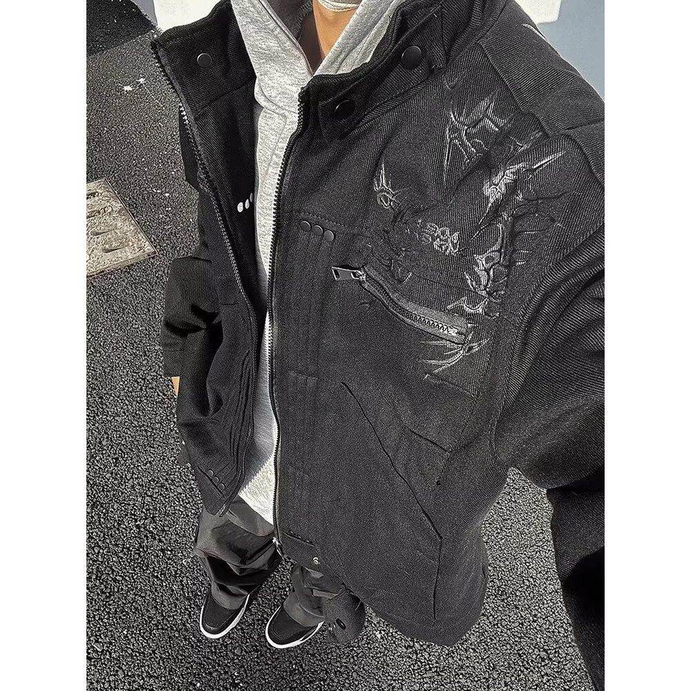 痞帅秋季街头立领机车服刺绣外套宽松休闲男女夹克上衣潮SK11P75,男装夹克,电商D256-2(原A064-2)