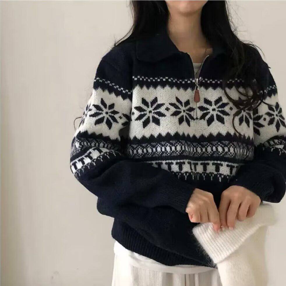 复古半拉链高领毛衣费尔岛提花宽松慵懒套头针织上衣NB159 P55图片