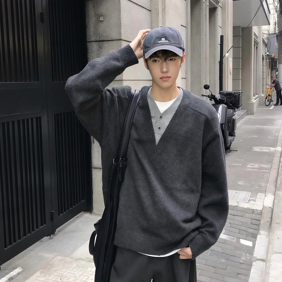假两件V领针织衫毛衣男款秋冬高级感痞帅内搭打底衫老钱风polo衫,男装针织衫/毛衣,电商D256-2(原A064-2)