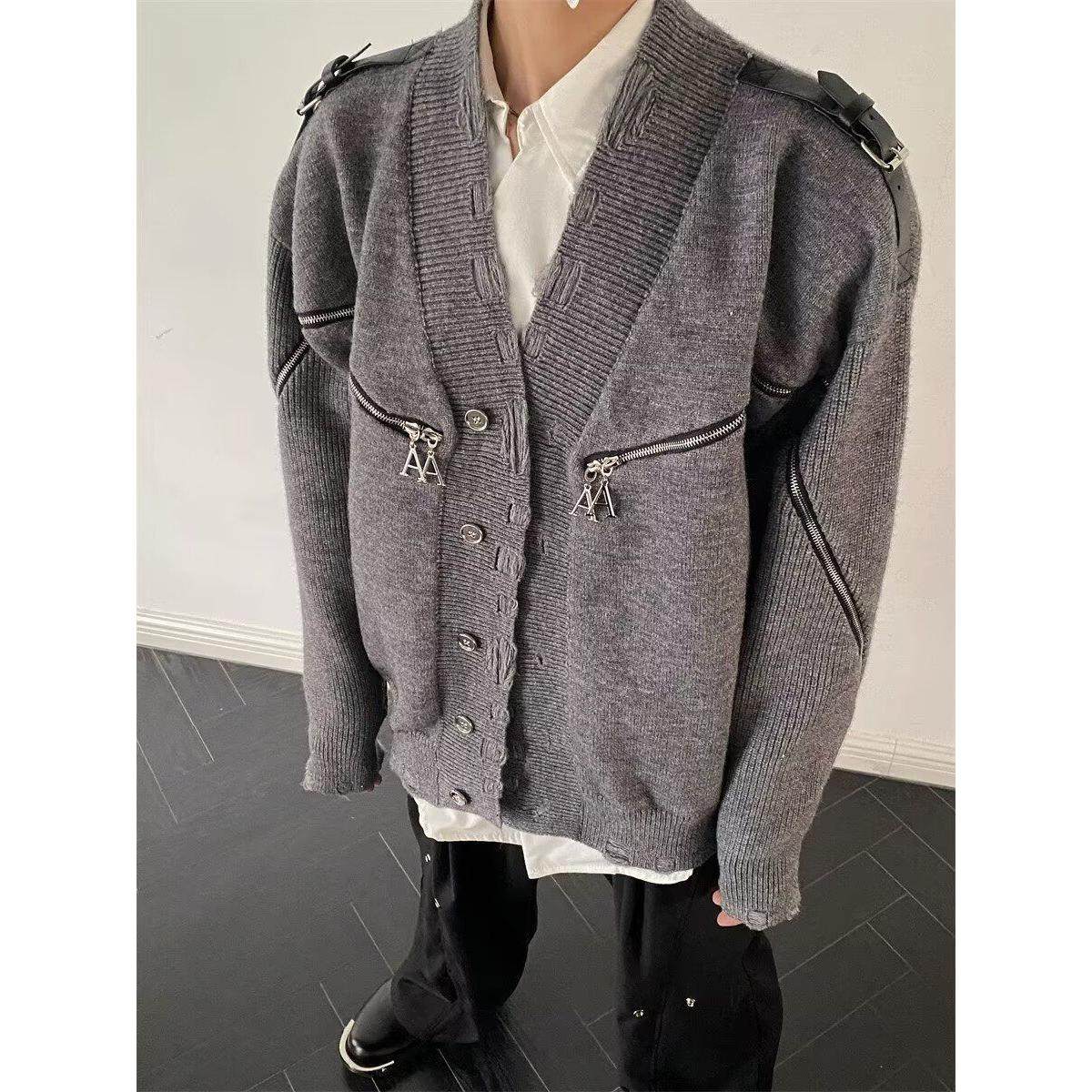 小众设破坏拉链V领开衫毛衣秋冬季美式高街vibe针织外套NB386P65，男装针织衫/毛衣，电商D256-2(原A064-2)