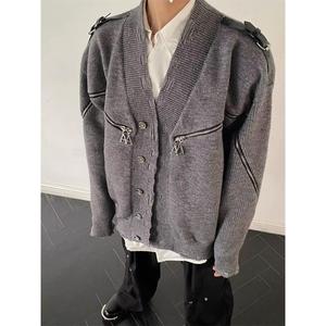 小众设破坏拉链V领开衫毛衣秋冬季美式高街vibe针织外套NB386 P65，男装针织衫/毛衣，电商D256-2(原A064-2)