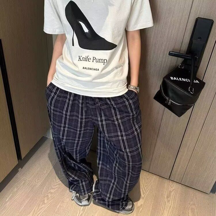灰色冰丝凉感格子裤男松弛感慵懒裤子cleanfit直筒微喇裤N232P35,男装休闲裤,电商D256-2(原A064-2)