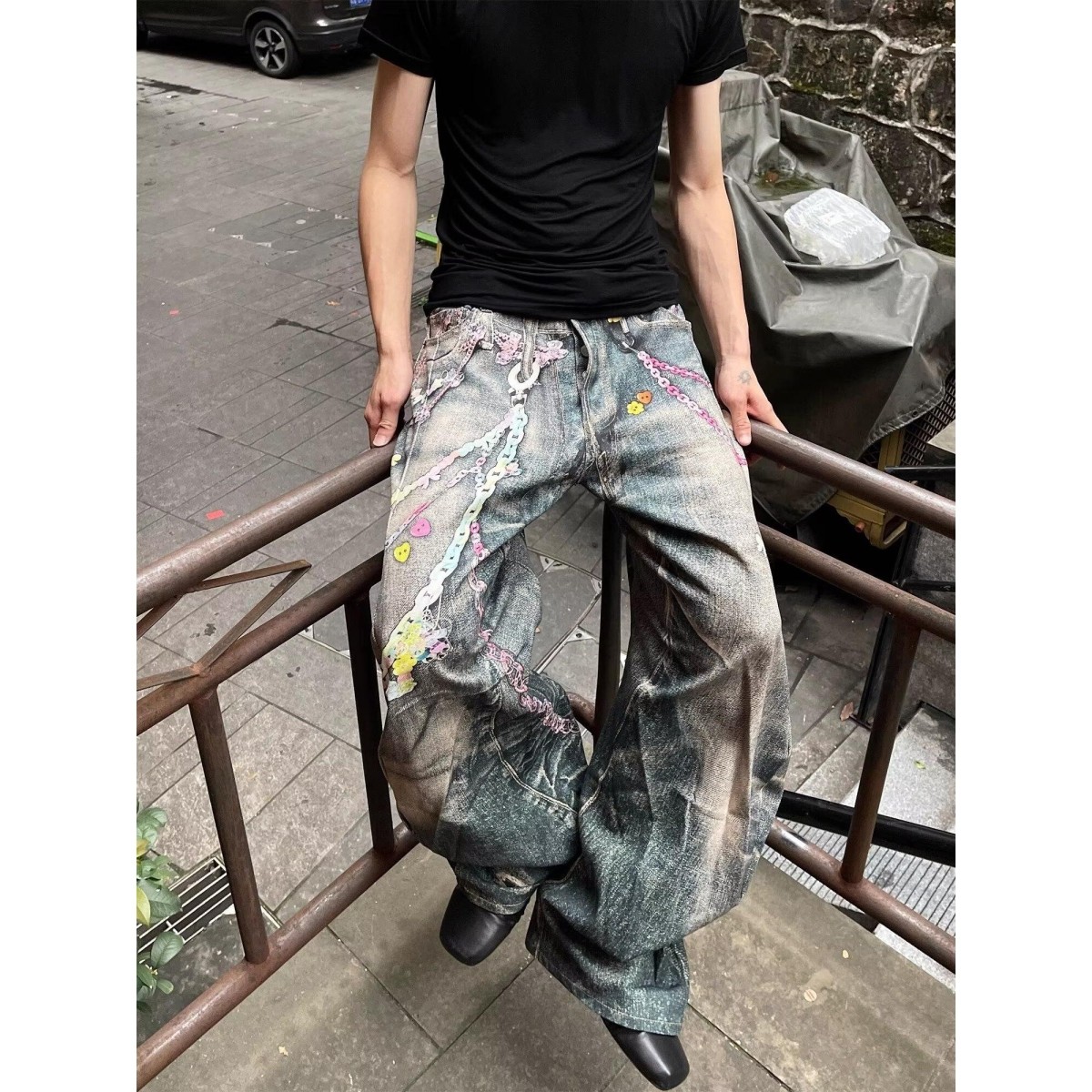 港风潮男夏季新款字母牛仔裤嘻哈ins潮高街潮流痞帅长裤Q27P55,男装牛仔裤,电商D256-2(原A064-2)