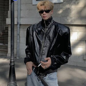 小众设计感pu皮立领垫肩机车服夹克冬潮流宽松百搭外套NB244 p70图片