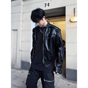 短款机车皮衣外套潮痞帅高街飞行夹克美式机车服潮NB194 p75图片