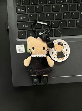 正版复古风黑皮HelloKitty毛绒挂件爱心扣贵妇珍珠小黑裙KT背包