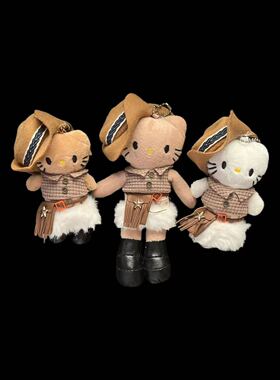 正版西部牛仔HelloKitty迷你毛绒挂件复古风KT猫公仔钥匙扣包包小